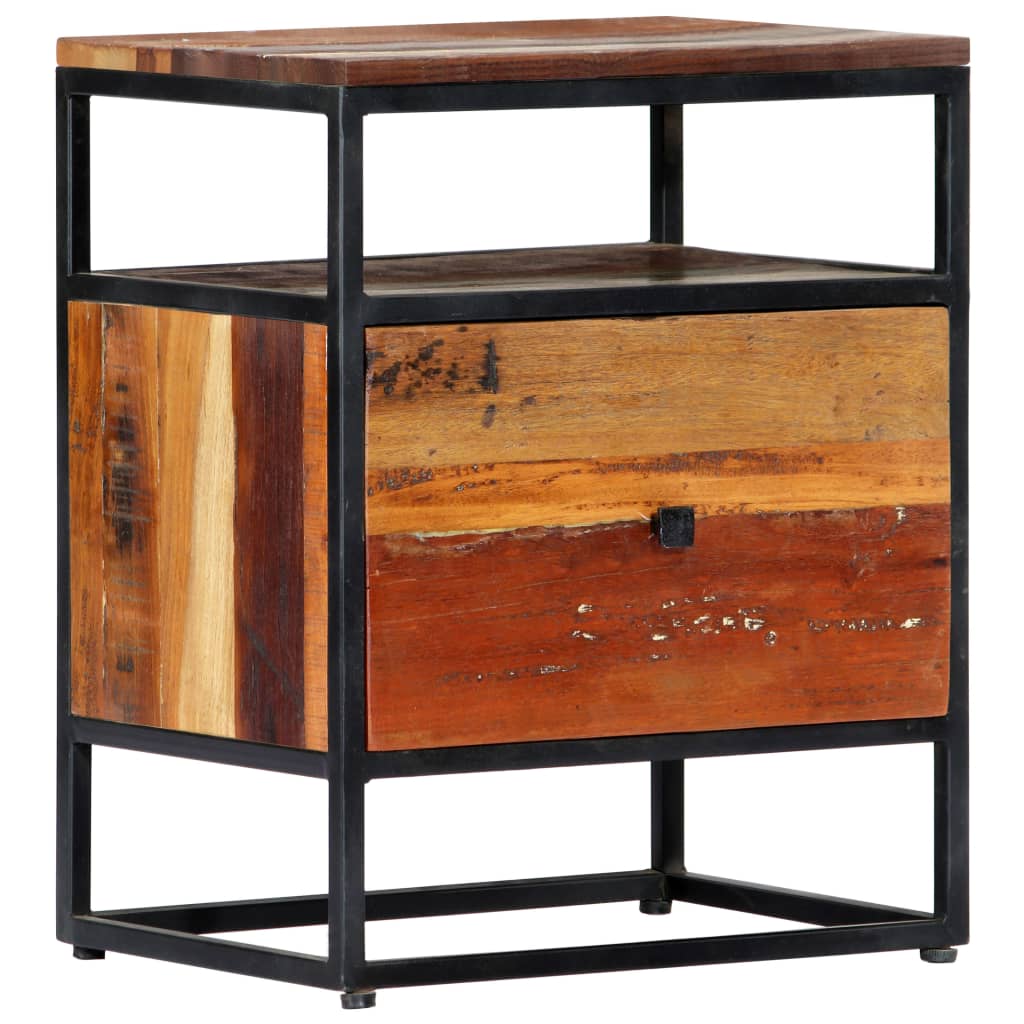 Mesita de noche de madera maciza reciclada y acero 40x30x50 cm