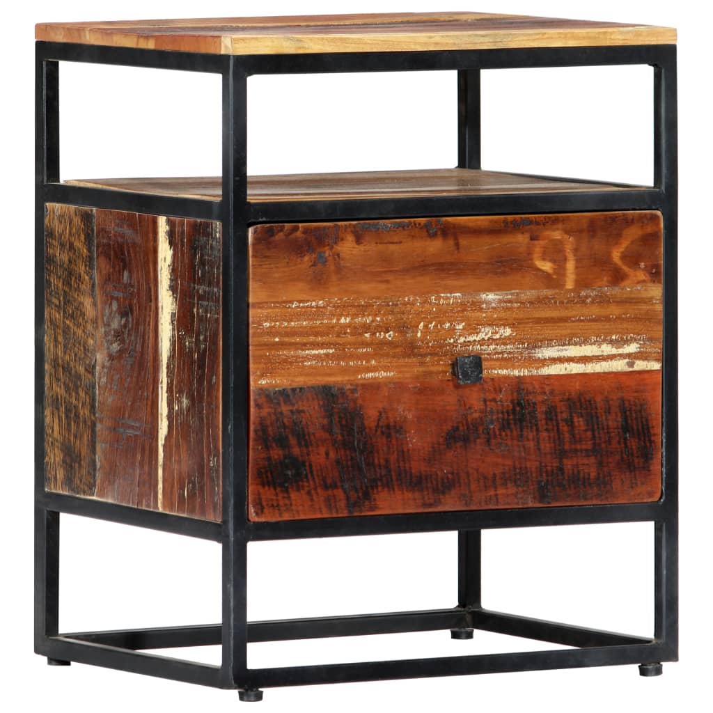 Mesita de noche de madera maciza reciclada y acero 40x30x50 cm