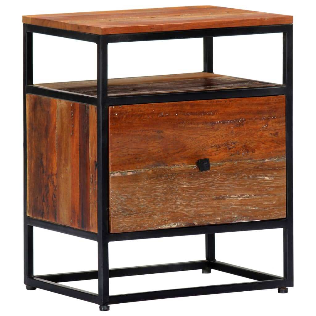 Mesita de noche de madera maciza reciclada y acero 40x30x50 cm