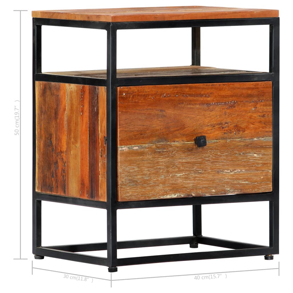 Mesita de noche de madera maciza reciclada y acero 40x30x50 cm