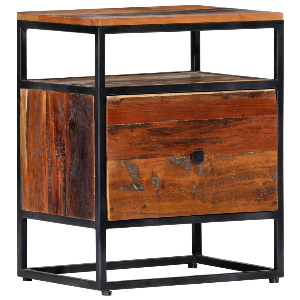 Mesita de noche de madera maciza reciclada y acero 40x30x50 cm