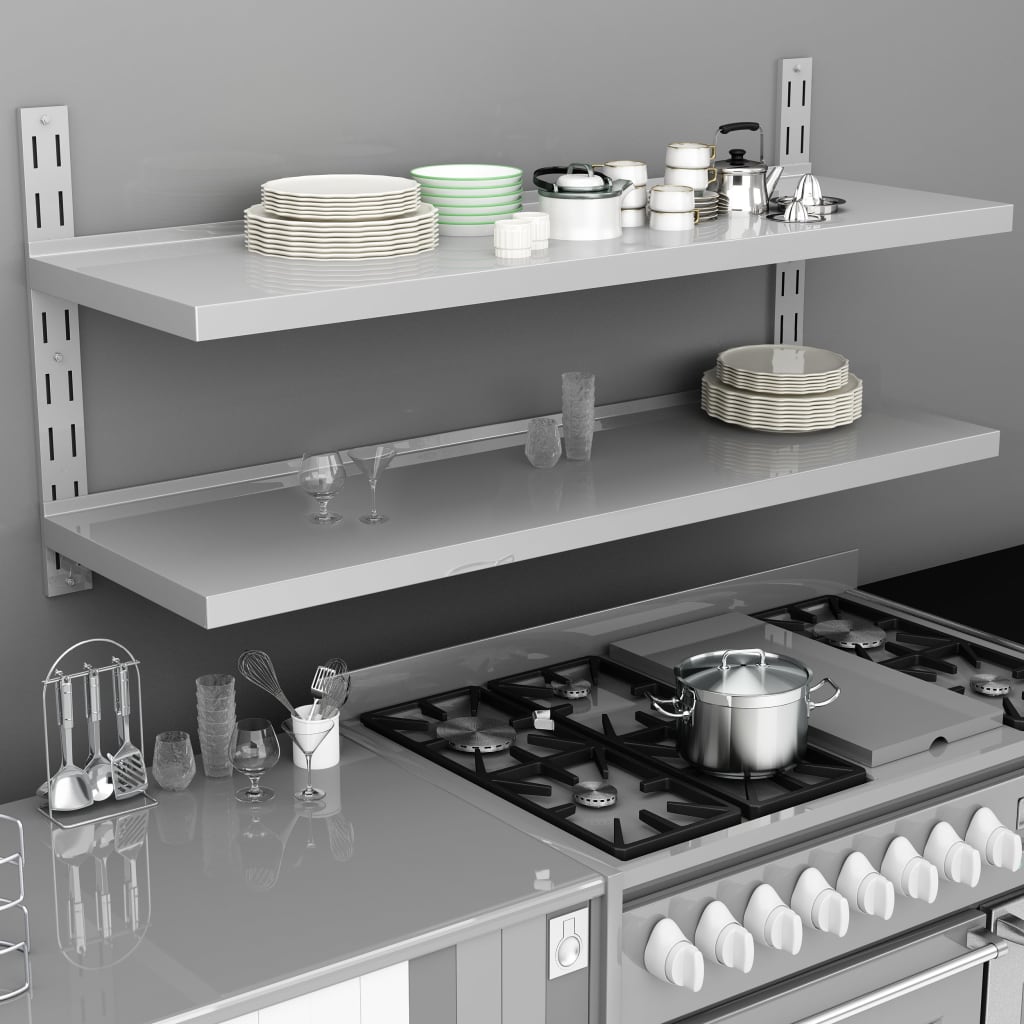 Wall mounted floating shelf 2 tiers stainless steel 100x30 cm