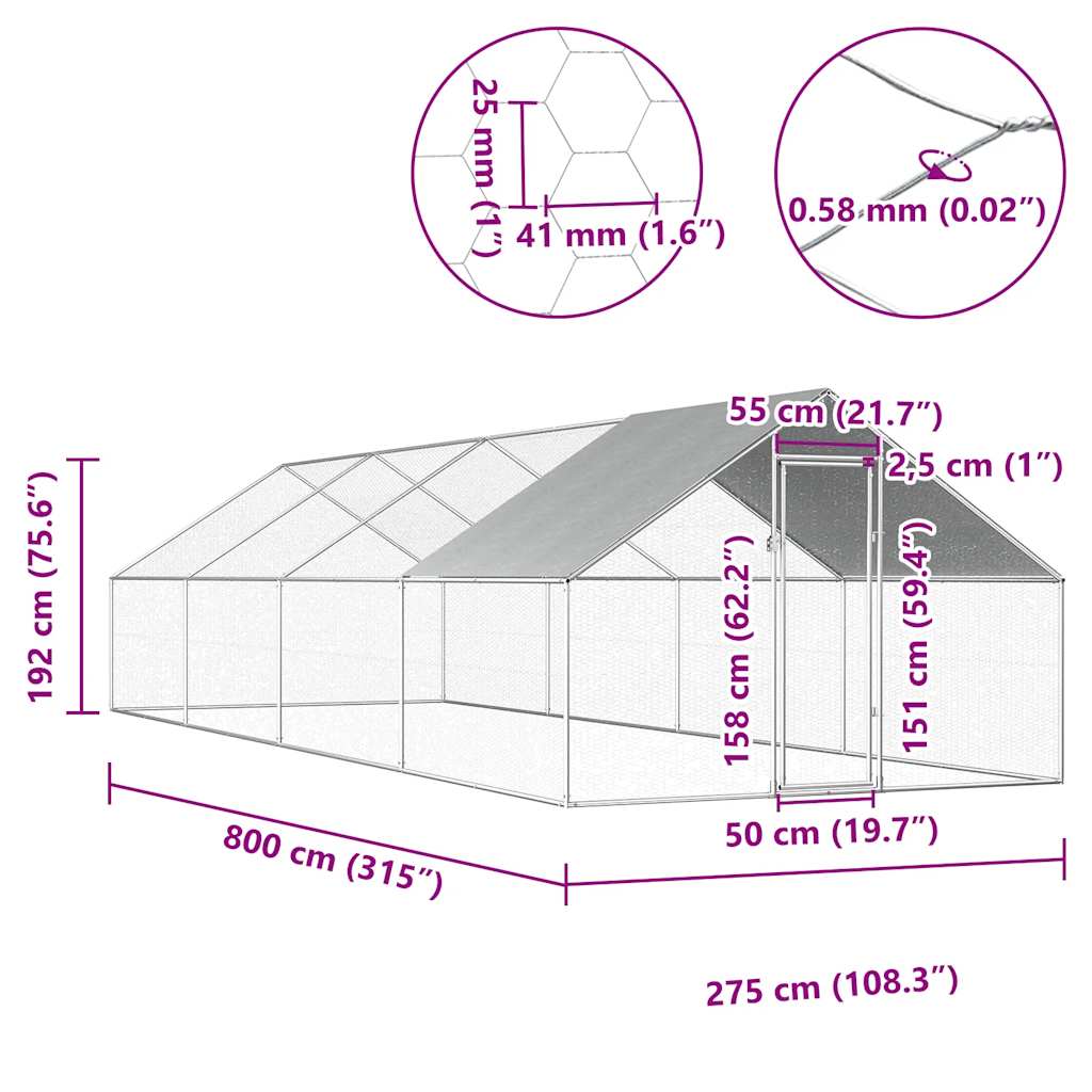 Jaula gallinero de exterior de acero galvanizado 2,75x8x1,92 m