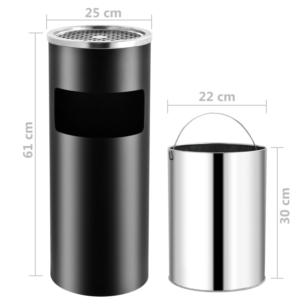 Papelera con cenicero de acero negro 30 L