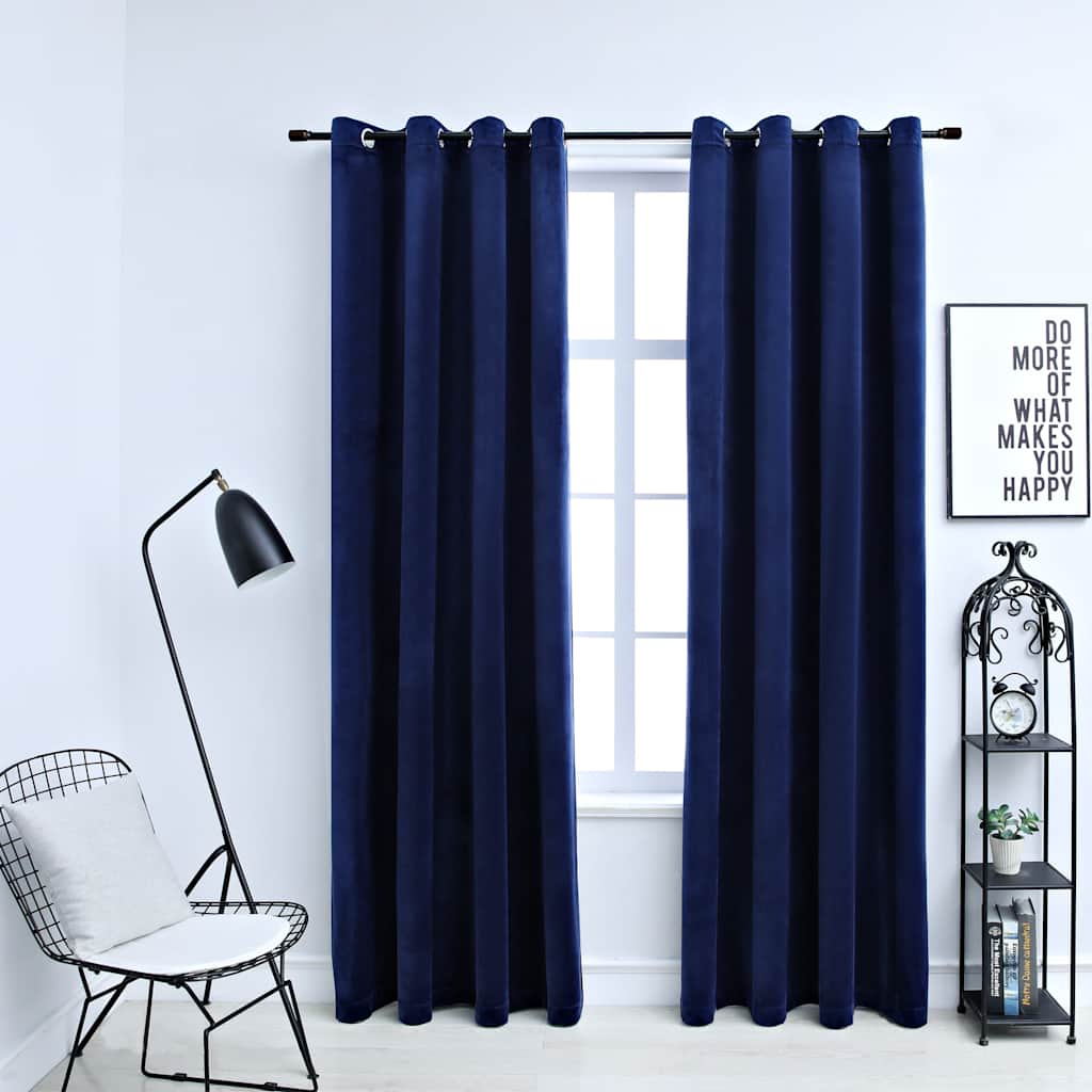 Cortinas opacas com ilhós 2 pçs veludo azul-escuro 140x175cm