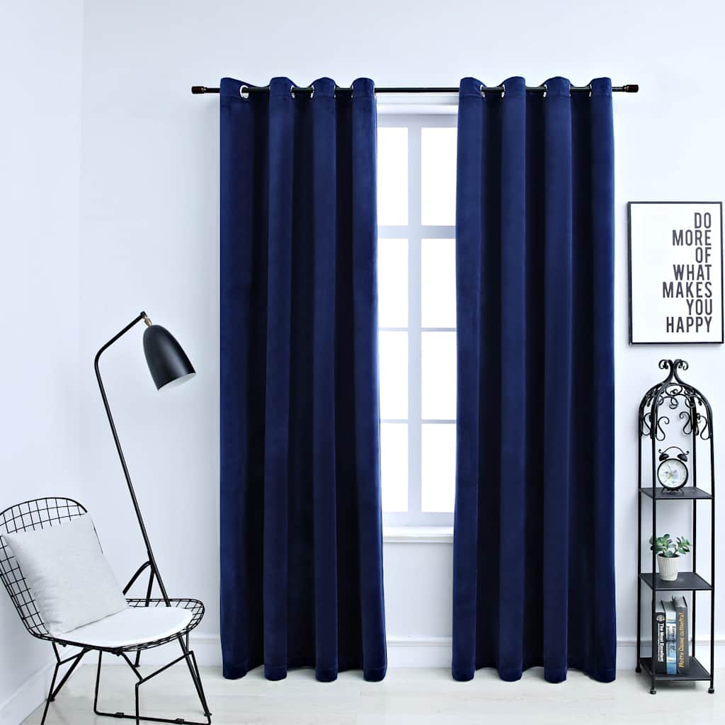 Cortinas opacas com ilhós 2 pçs veludo azul-escuro 140x175cm
