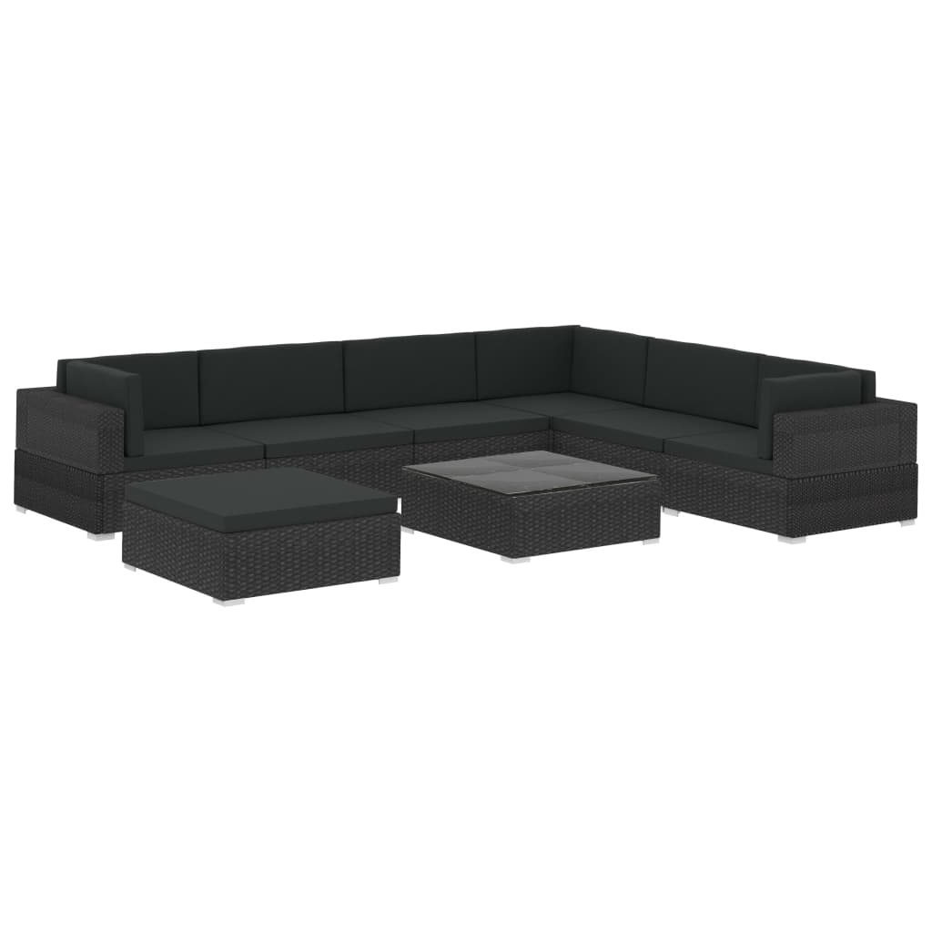 Set muebles de jardín 8 piezas y cojines ratán sintético negro