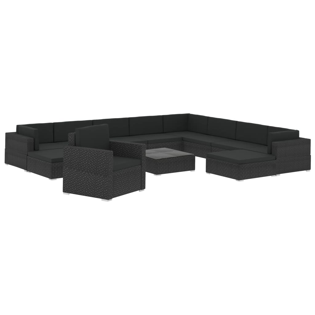 Set muebles de jardín y cojines 12 pzas ratán sintético negro