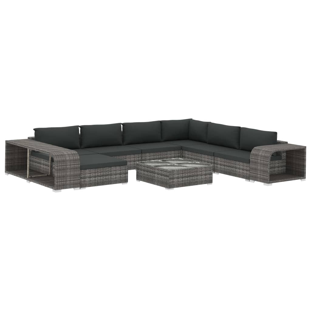 Set de muebles de jardín 10 pzas y cojines ratán sintético gris