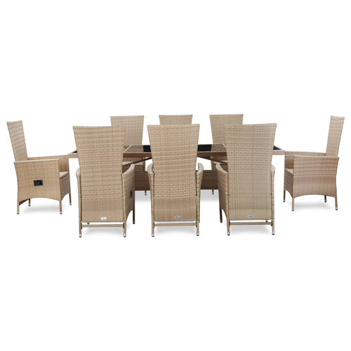 9-piece outdoor dining set with cushions in beige synthetic rattan