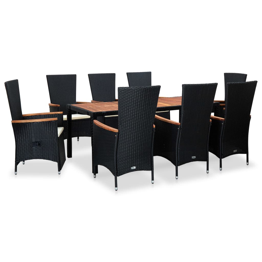 Set comedor de jardín 9 piezas y cojines ratán sintético negro