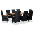 Set comedor de jardín 9 piezas y cojines ratán sintético negro