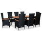 Set comedor de jardín 9 piezas y cojines ratán sintético negro