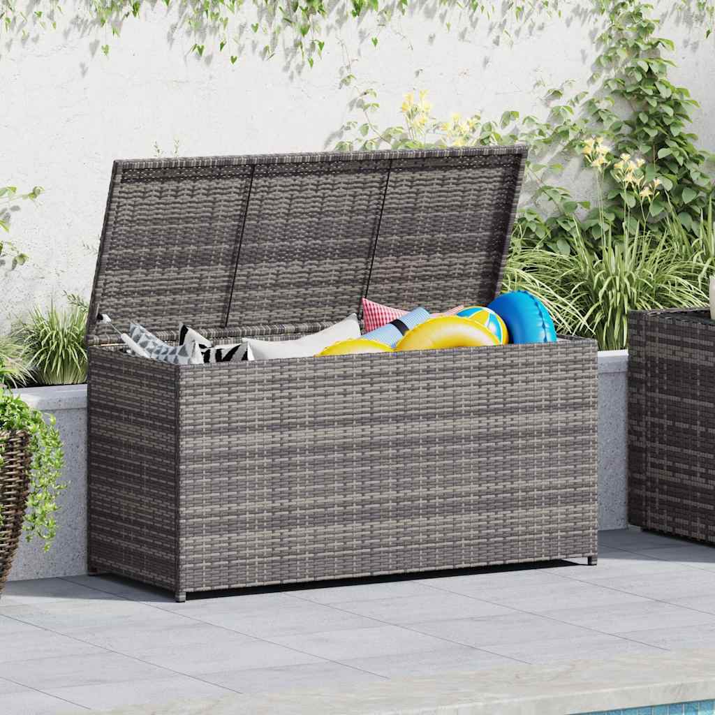 Caja de almacenaje de jardín ratán sintético gris 120x50x60 cm