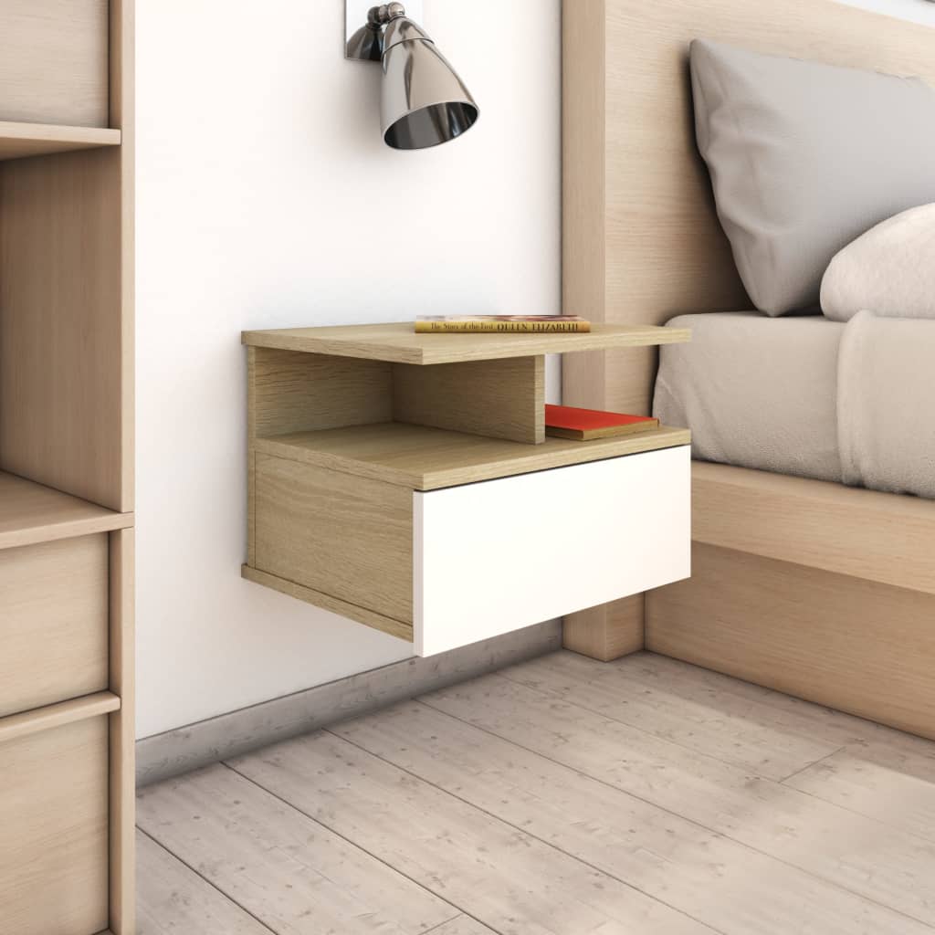 Mesita de noche flotante 2 uds madera blanco brillo 40x31x27 cm