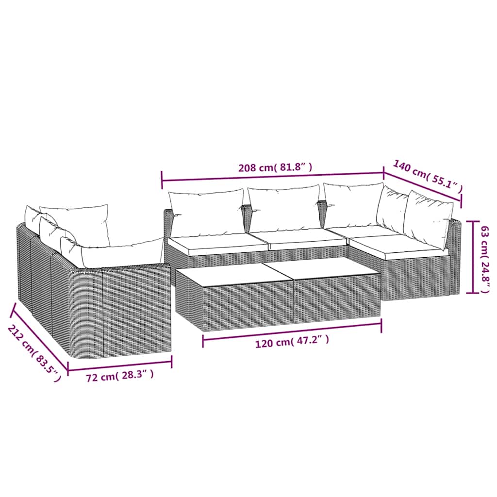 Set de muebles de jardín 9 pzas y cojines ratán sintético negro
