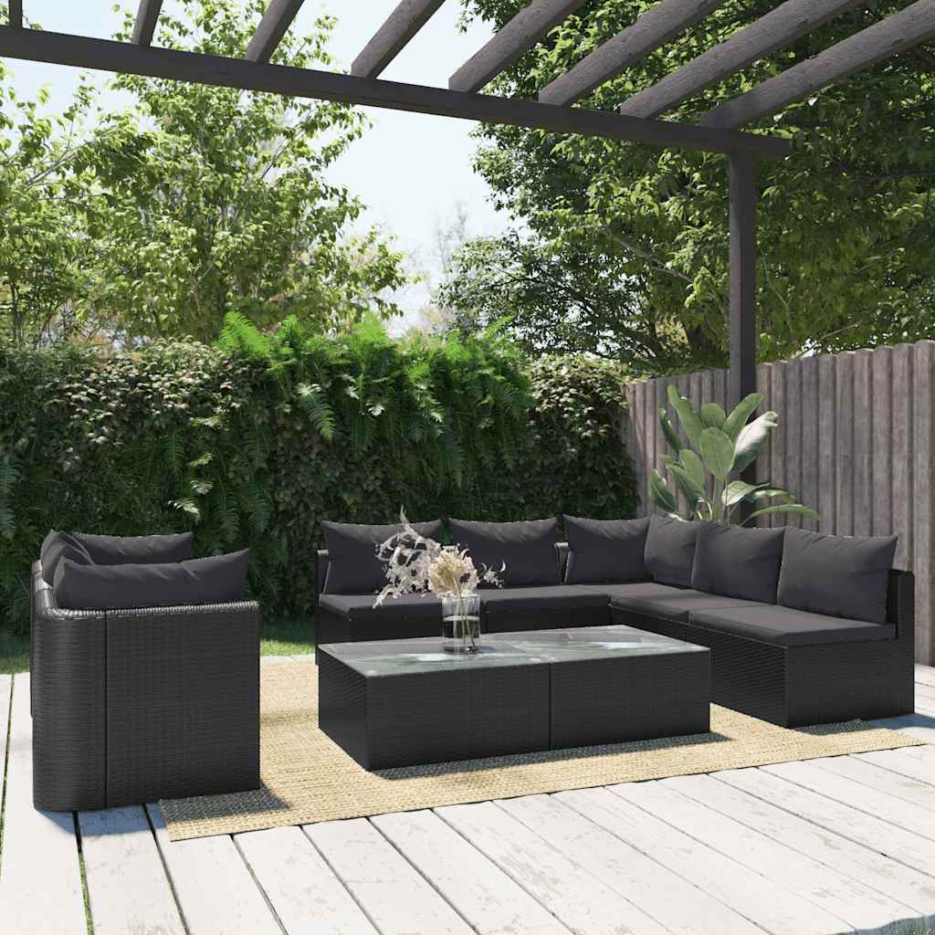 Set de muebles de jardín 9 pzas y cojines ratán sintético negro