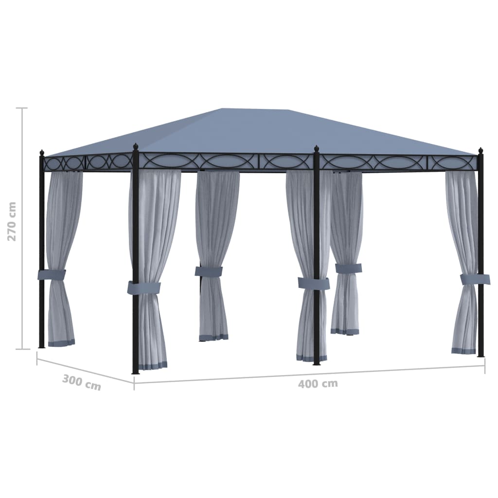Cenador con pantallas de malla acero gris antracita 3x4 m