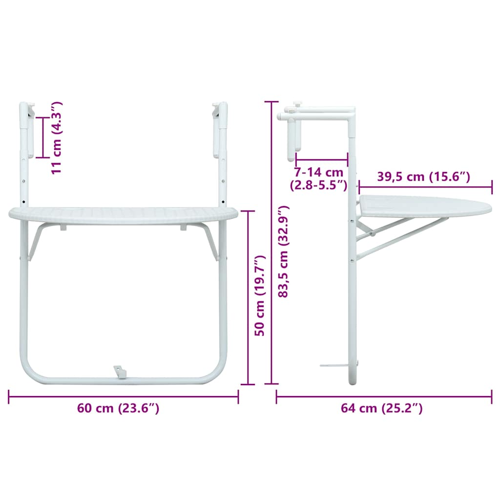 Mesa balcón colgante plástico aspecto ratán blanco 60x64x83,5cm