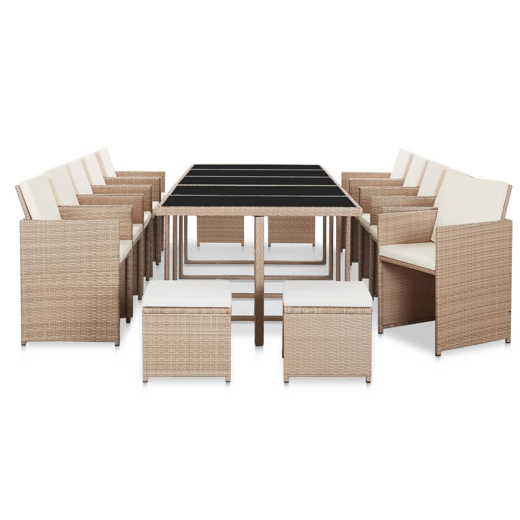 Set comedor de jardín 15 piezas y cojines ratán sintético beige