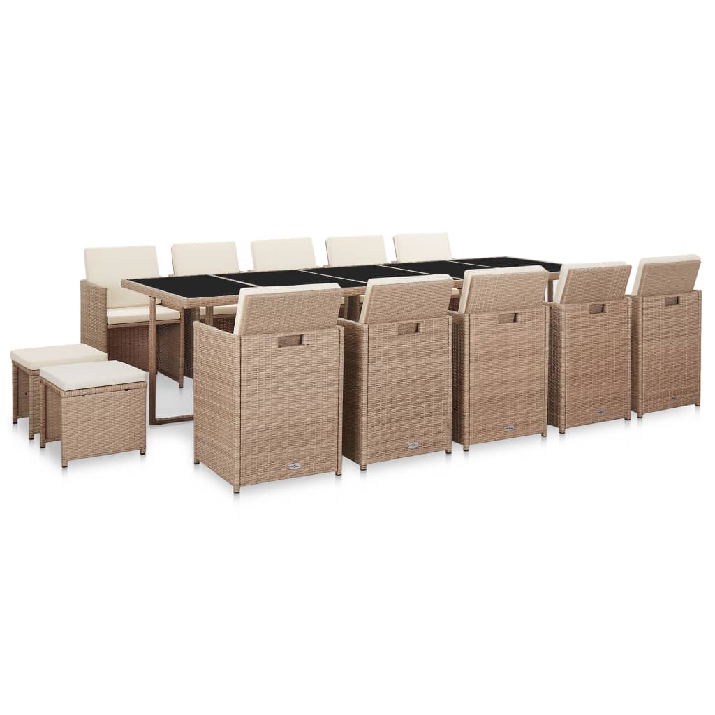 Set comedor de jardín 15 piezas y cojines ratán sintético beige