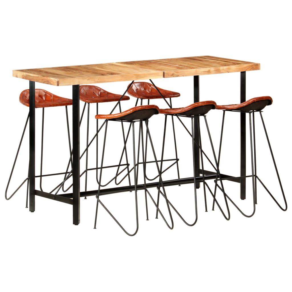Muebles de bar 5 piezas madera maciza reciclada cuero auténtico