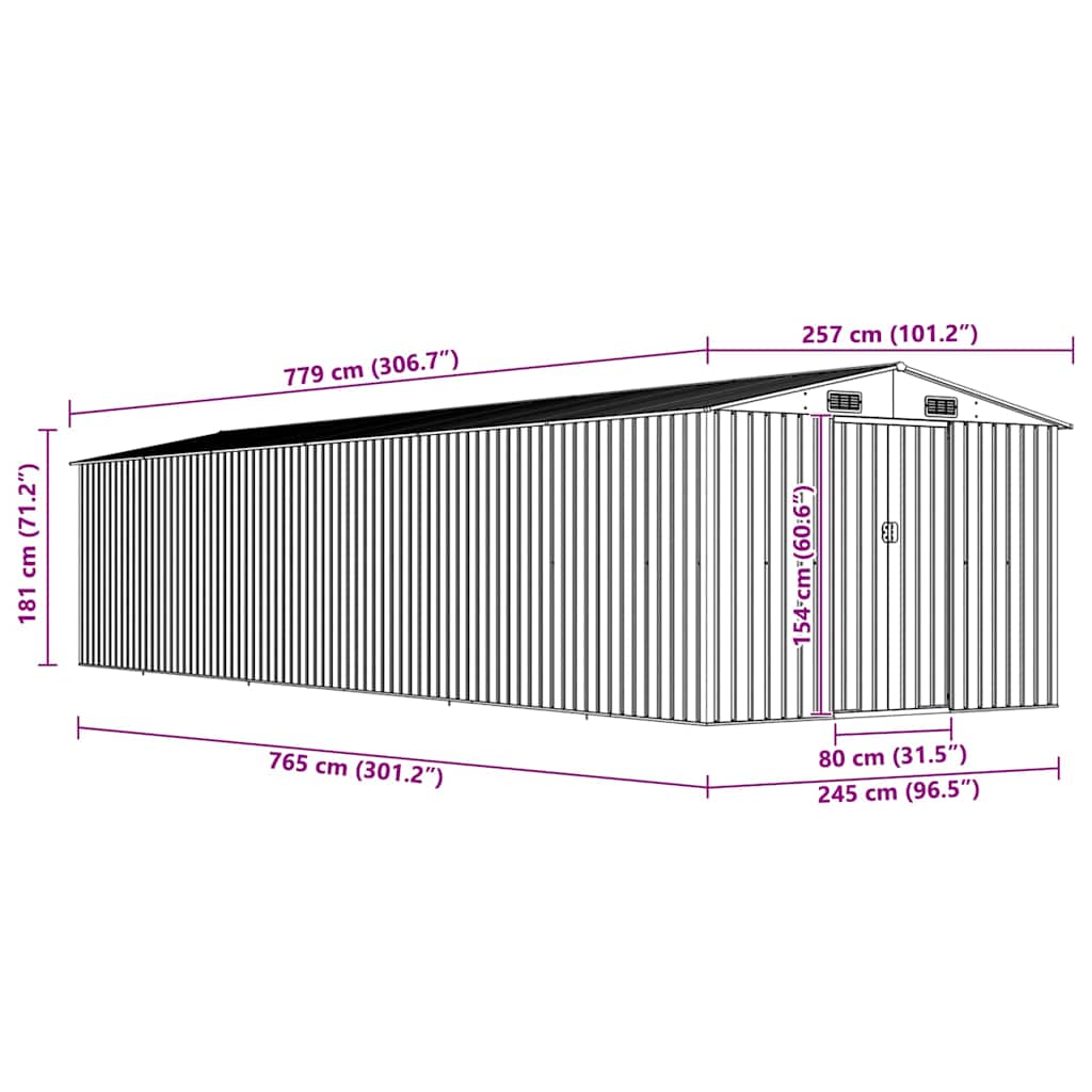 Cobertizo de jardín acero galvanizado gris 257x779x181 cm