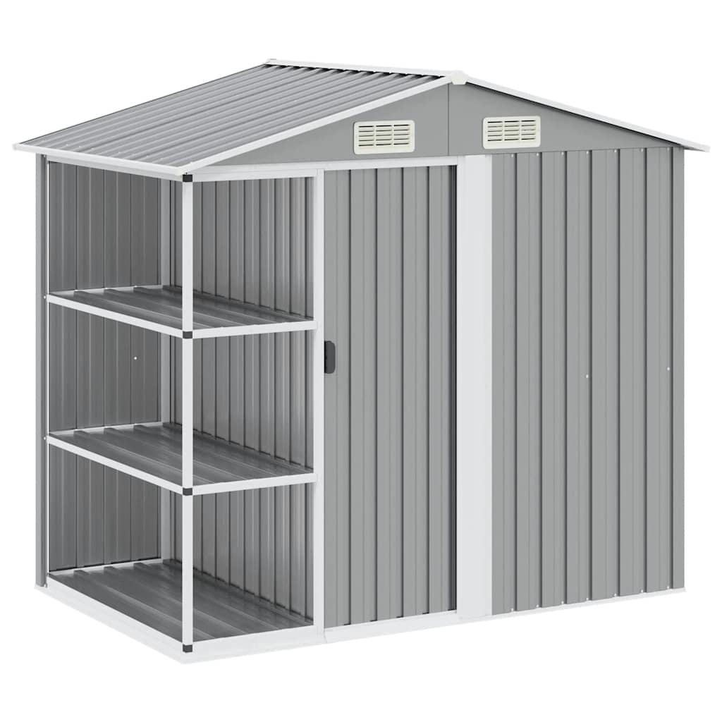 Cobertizo de jardín con estantería hierro gris 205x130x183 cm