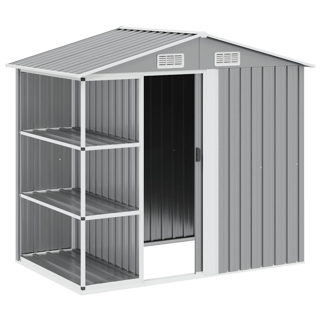 Cobertizo de jardín con estantería hierro gris 205x130x183 cm
