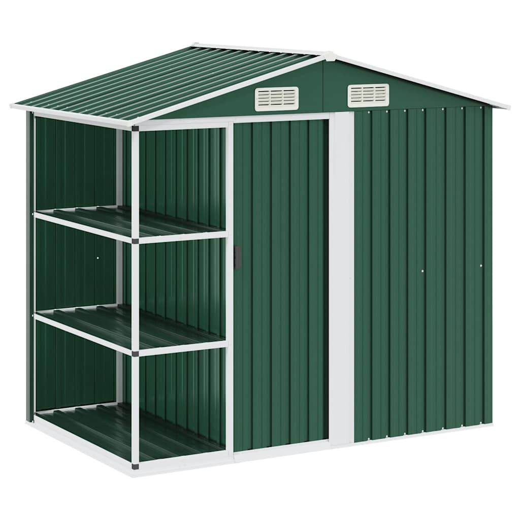 Cobertizo de jardín con estante hierro verde 205x130x183 cm