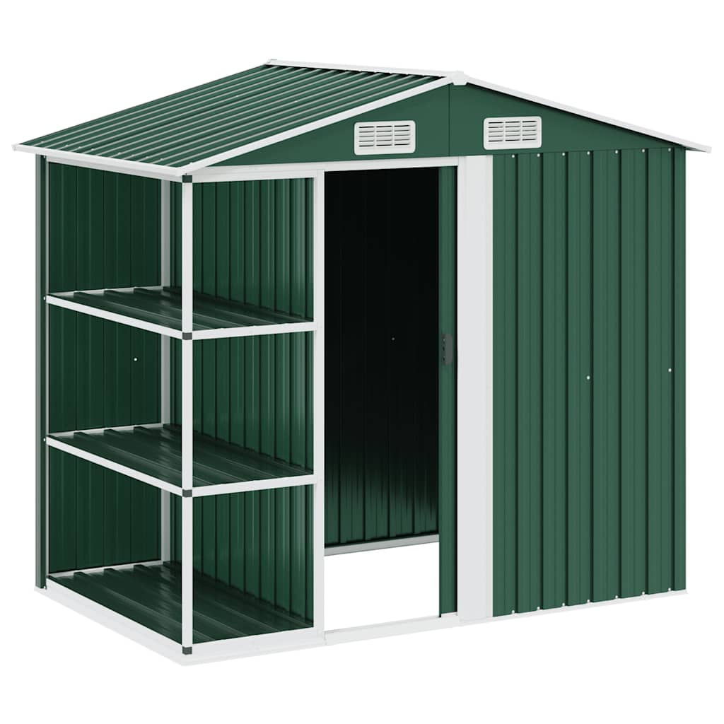 Cobertizo de jardín con estante hierro verde 205x130x183 cm