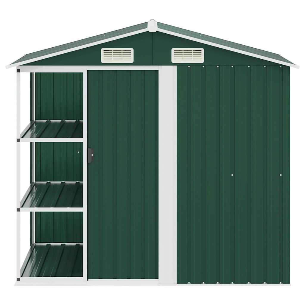 Cobertizo de jardín con estante hierro verde 205x130x183 cm