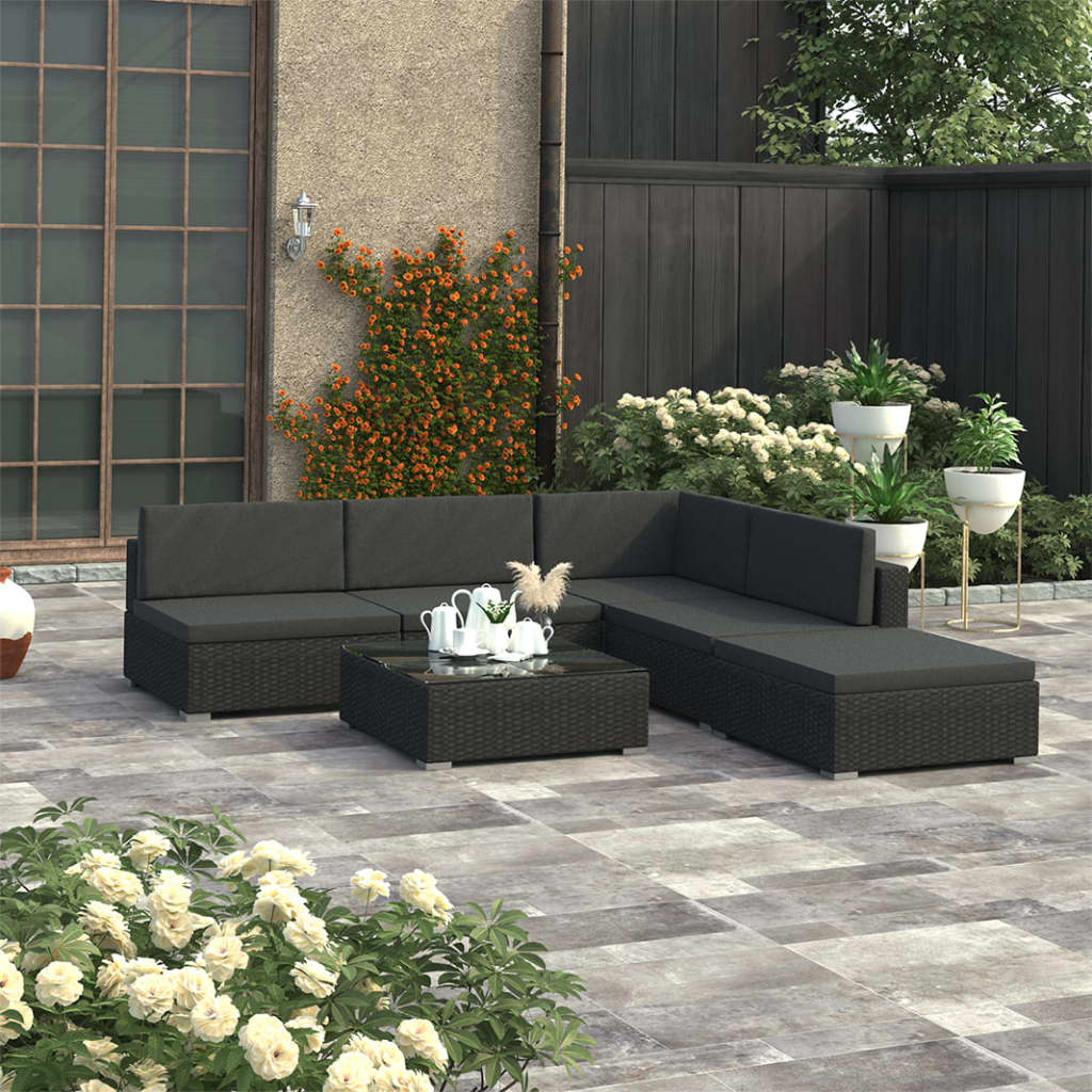 Set muebles de jardín 6 piezas y cojines ratán sintético negro