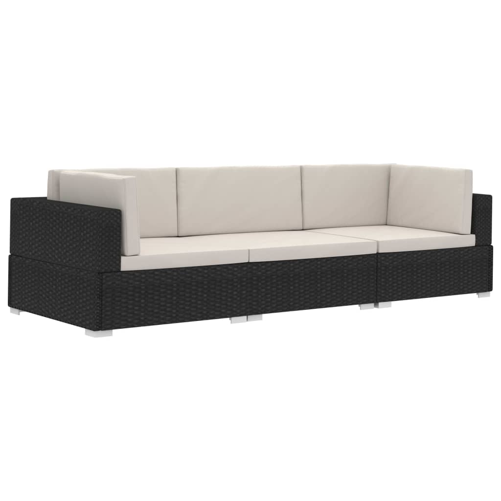 Set de sofás de jardín 3 piezas y cojines ratán sintético negro