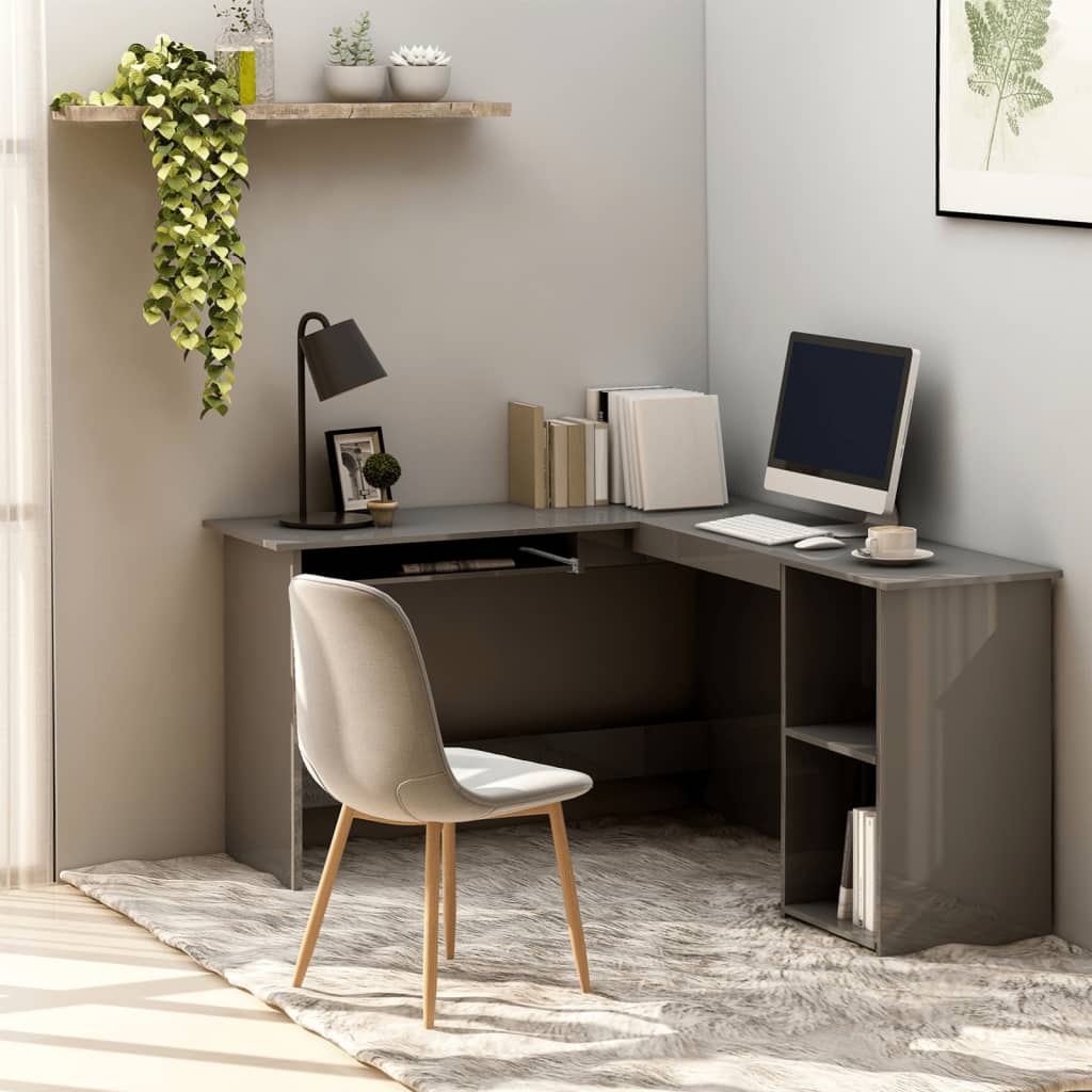 L-shaped desk in high-gloss white plywood 120x140x75 cm