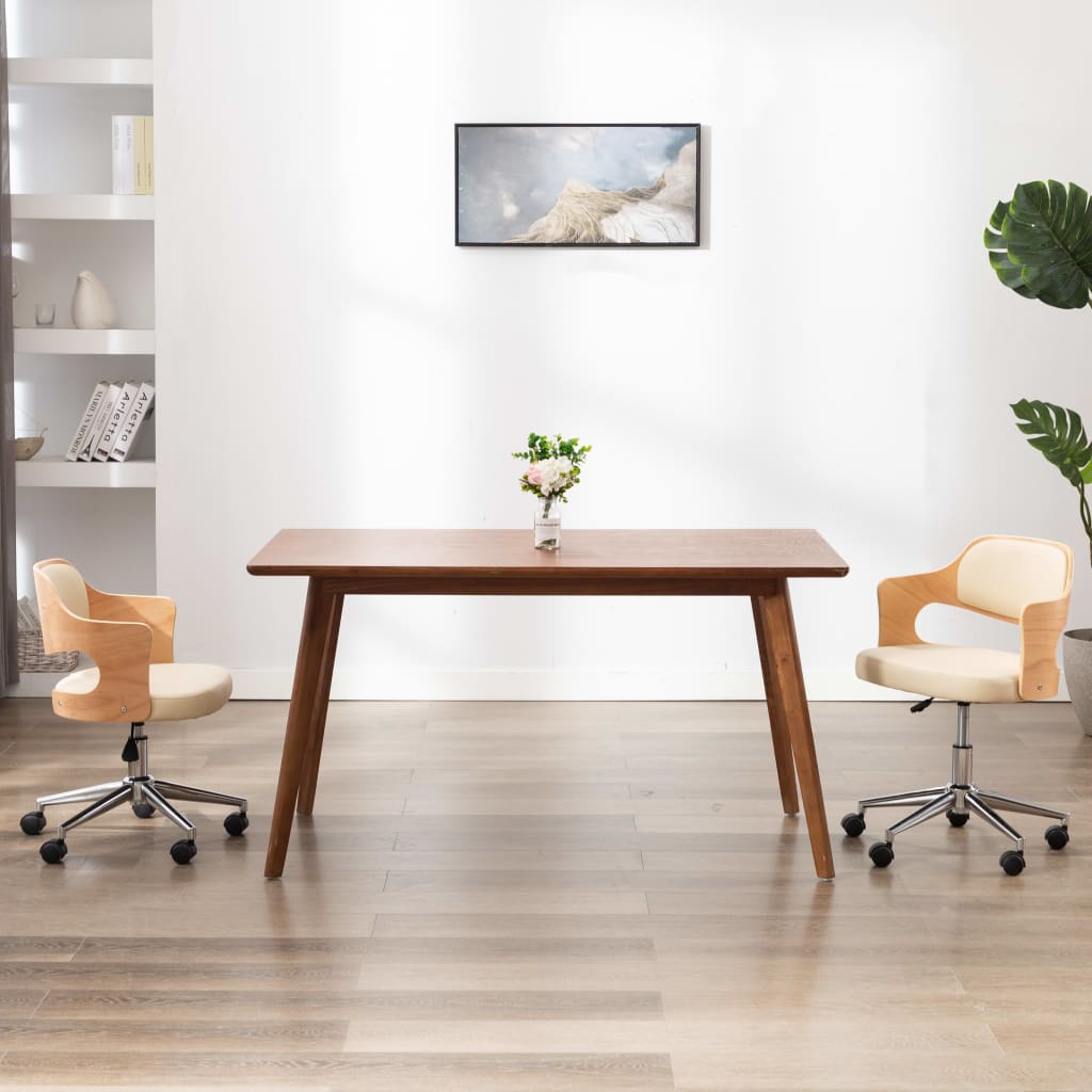 Swivel dining chair, curved wood, white faux leather