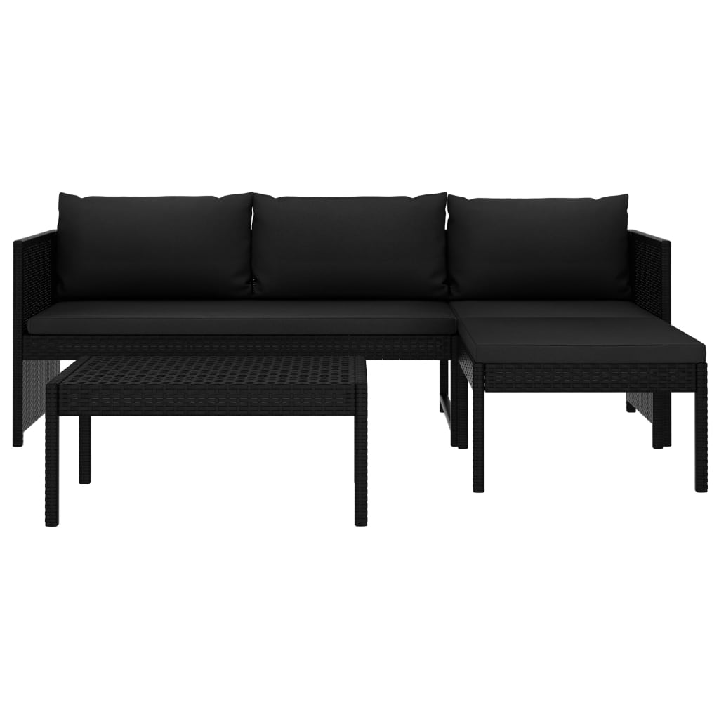 Set de muebles de jardín 3 piezas y cojines ratán sintético negro