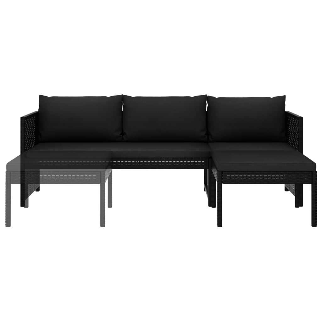 Set de muebles de jardín 3 piezas y cojines ratán sintético negro
