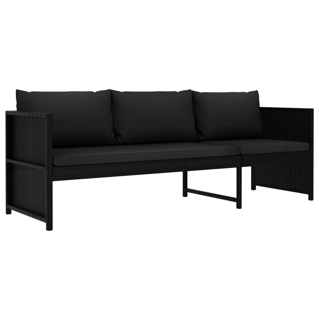 Set de muebles de jardín 3 piezas y cojines ratán sintético negro