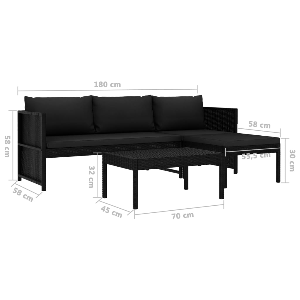 Set de muebles de jardín 3 piezas y cojines ratán sintético negro