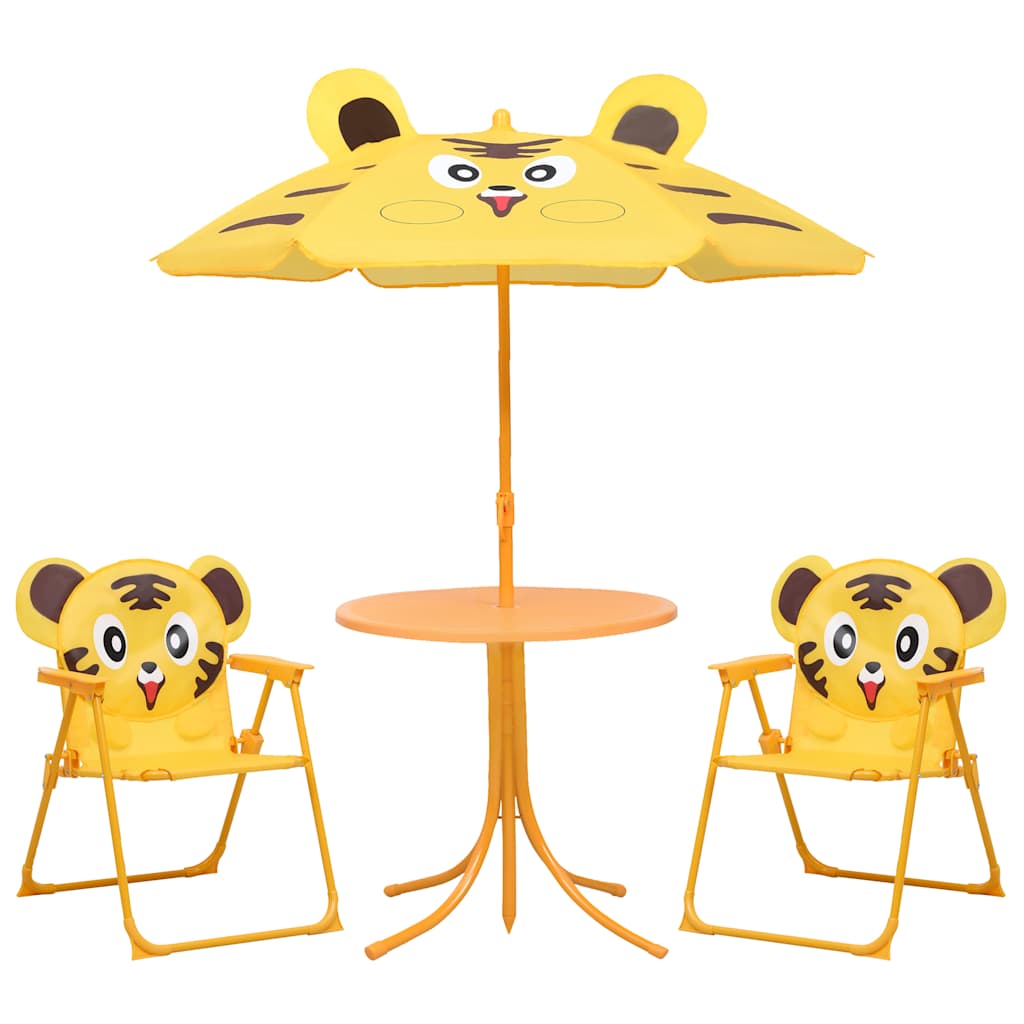 Mesa e cadeiras de jardim infantil de 3 peças com guarda-sol castanho