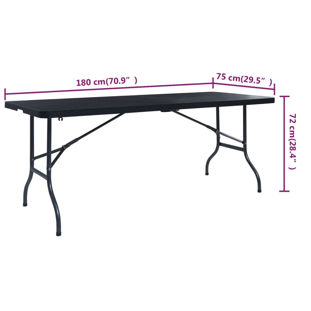 Mesa de jardín plegable imitación ratán HDPE negro 180x75x72 cm
