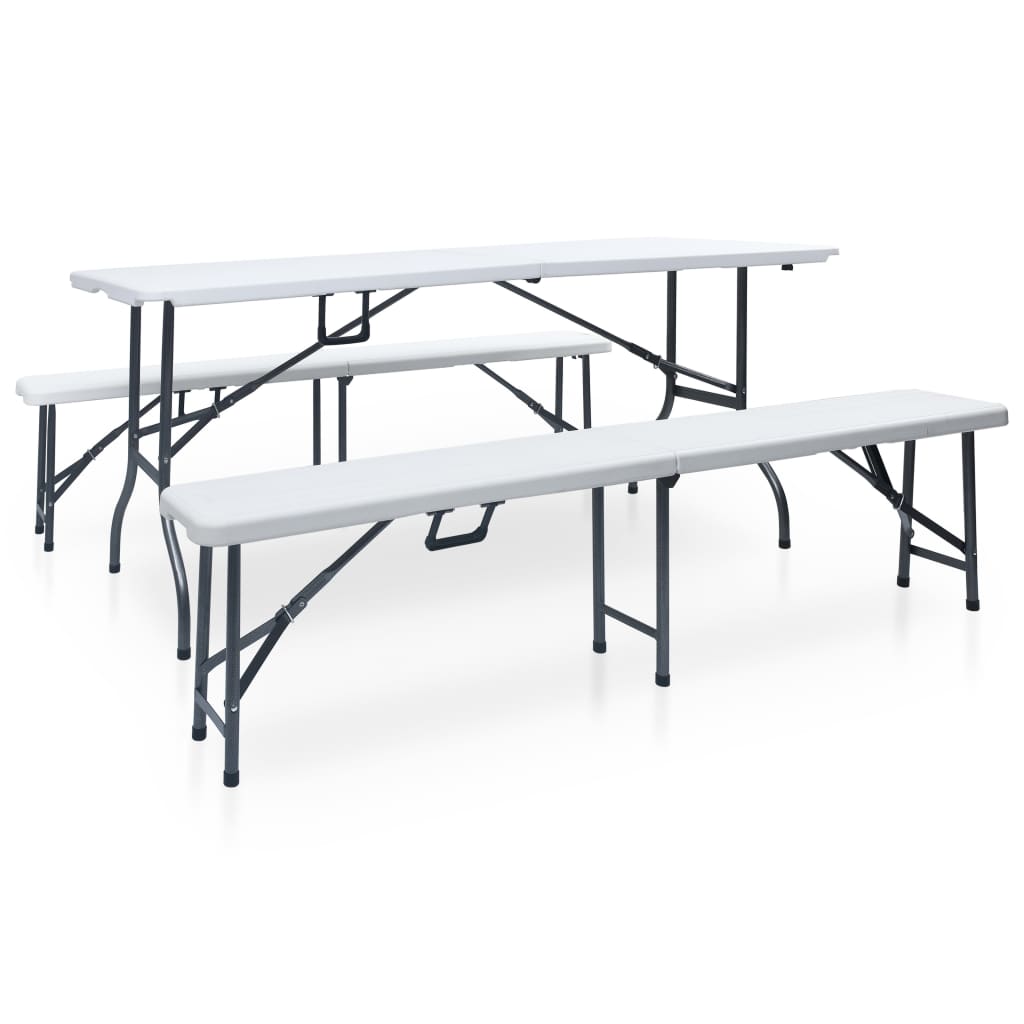 Mesa de jardín plegable con 2 bancos acero y HDPE blanco 180 cm