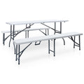 Mesa de jardín plegable con 2 bancos acero y HDPE blanco 180 cm