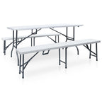 Mesa de jardín plegable con 2 bancos acero y HDPE blanco 180 cm