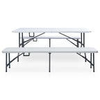 Mesa de jardín plegable con 2 bancos acero y HDPE blanco 180 cm