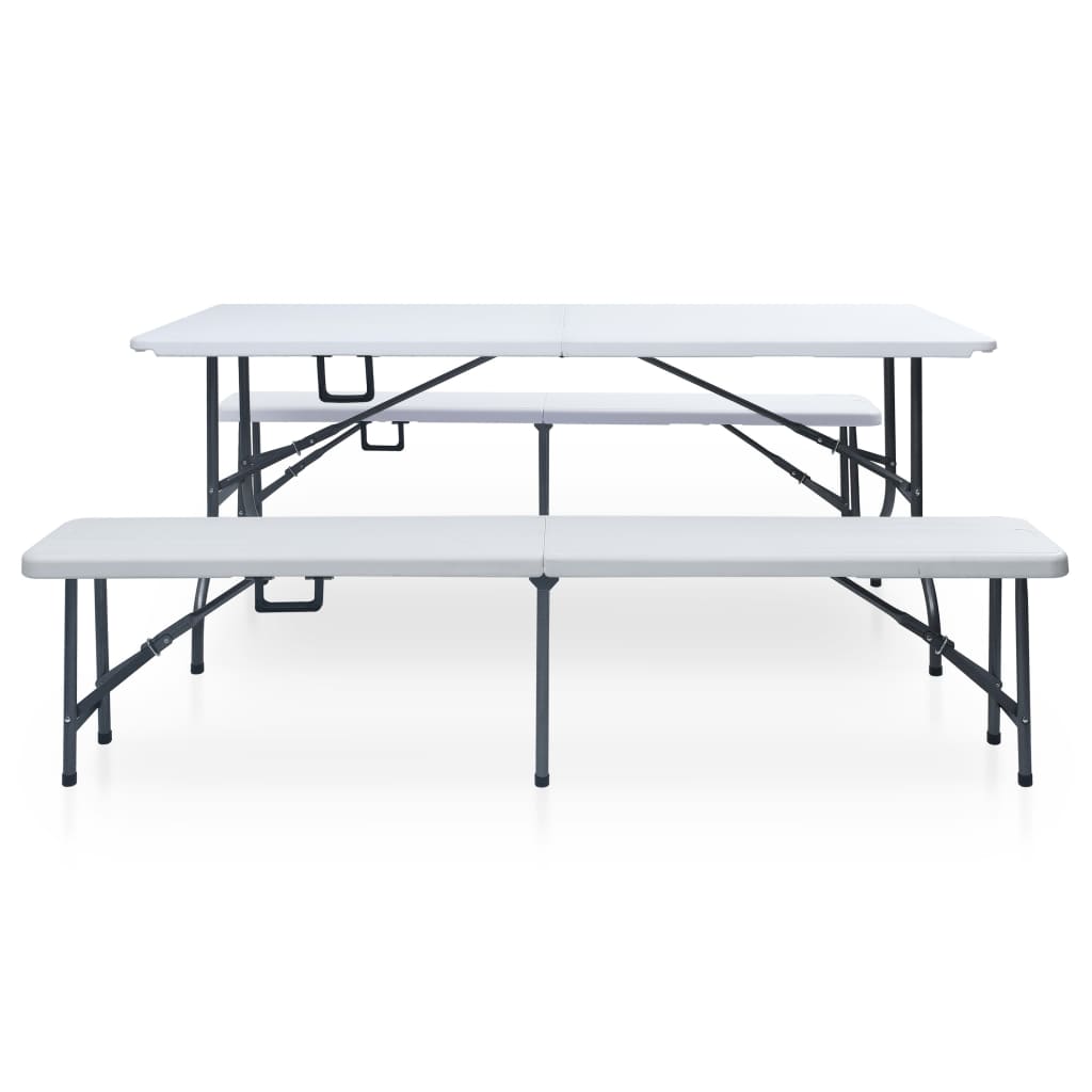 Mesa de jardín plegable con 2 bancos acero y HDPE blanco 180 cm