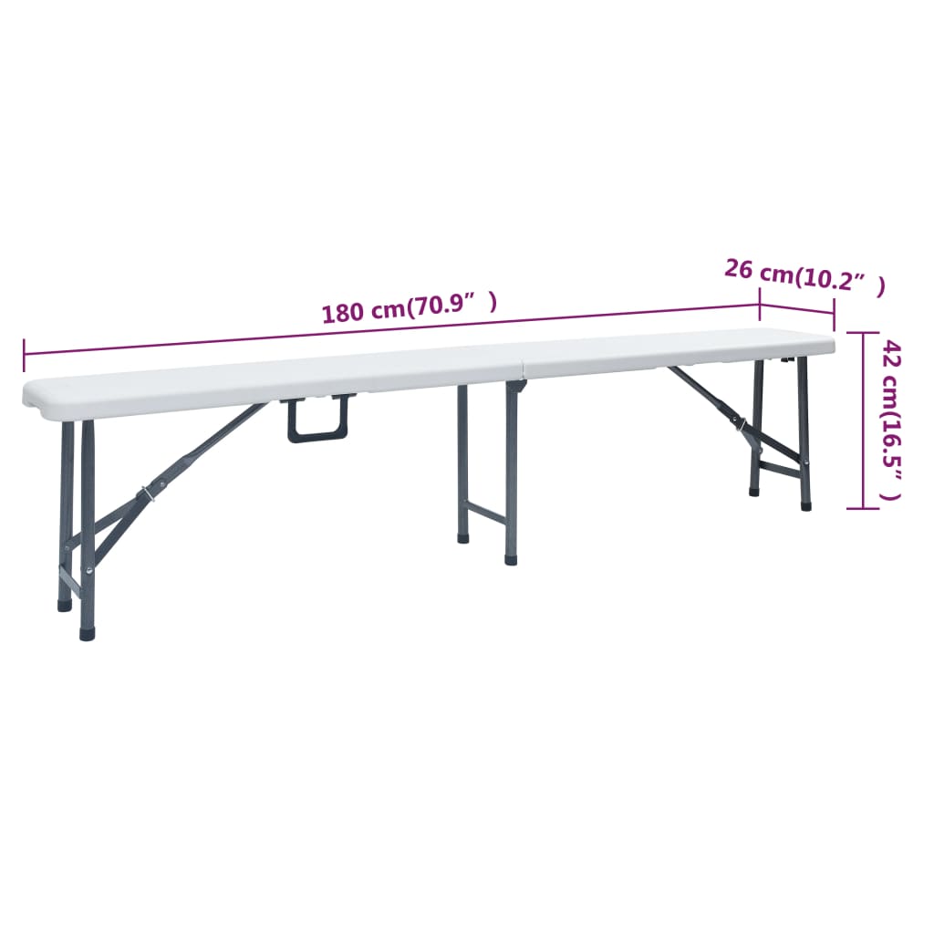 Mesa de jardín plegable con 2 bancos acero y HDPE blanco 180 cm
