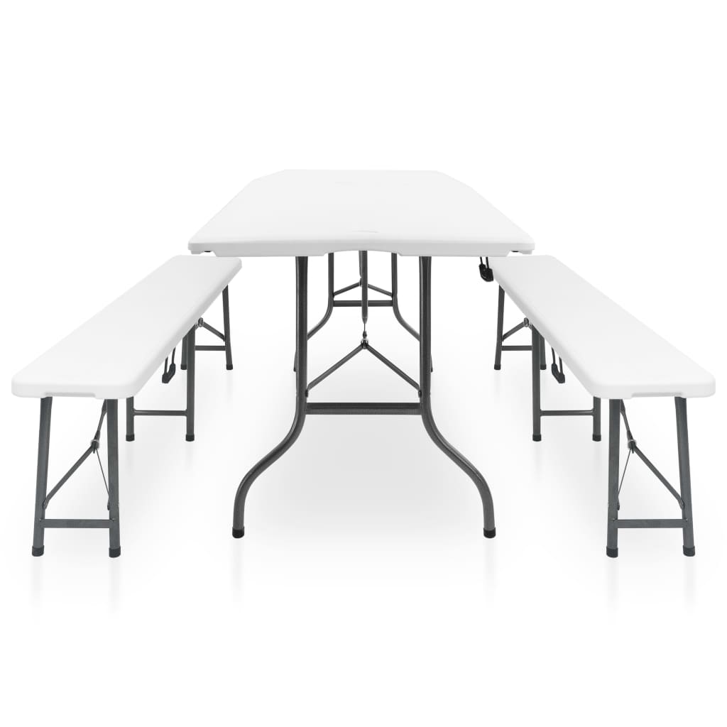 Mesa de jardín plegable con 2 bancos acero y HDPE blanco 180 cm