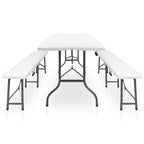 Mesa de jardín plegable con 2 bancos acero y HDPE blanco 180 cm